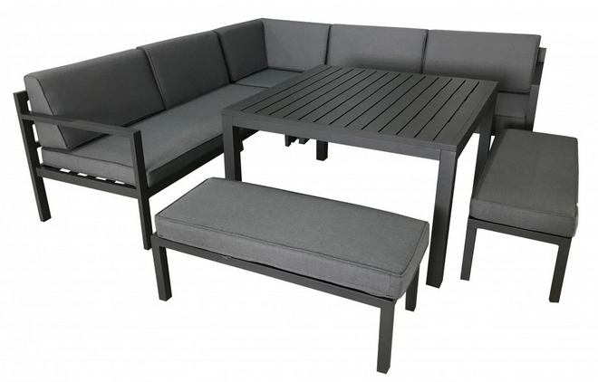 Salon de jardin métal canapé angle coussins gris noir table basse et bancs 
